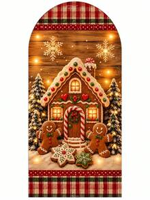 Arched Christmas Photo Backdrop 80*180cm, Vintage Wooden Plaid Design With Santa, Reindeer, Gingerbread Man And Pine Wreath, Holiday Party Background Decor For Wall And Room Decoration - A - View 4