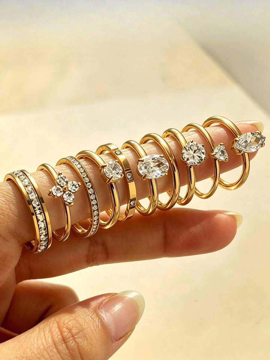 10 st 18K guldbelagda ringar i rostfritt stål, stapelbara ringar, klöver, vattendroppe, Ins-stil, vattentäta smycken, eleganta ringar, ädelstensringar, guldsmyckeset, exklusiv present