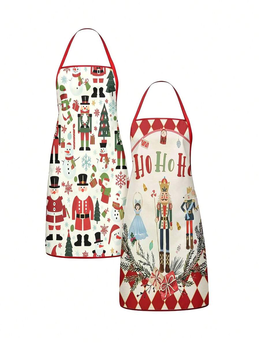 2Pcs /1pc Christmas Kitchen Aprons, Nutcracker Snowman Santa Print Adjustable Bib Apron, Waterproof Cooking Baking Apron For Xmas Holiday Party Decor Christmas Gift - Multicolor - View 1