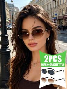 2pcs European & American Vintage Rimless Cut Edge Oval Women's Glasses High-End Street Style Fashion Eyewear - Gradient Tea + Black Gray - View 1