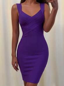 Women's Sexy Elegant Spaghetti Strap V-Neck Bodycon Knee-Length Wrap Dress, Stretch, Purple, Suitable For Evening Party, Cocktail Wedding Fall - Purple - View 6