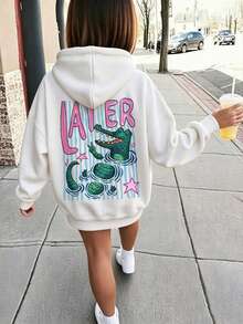 Hoodie Anak Perempuan dengan Motif Kartun Buaya di Punggung, Pullover Kasual Ukuran Besar - Putih - View 1
