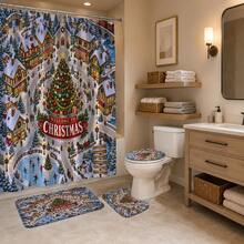 1pc/4pcs Festive Christmas Town Pattern Multi-Functional Bathroom Decor Shower Curtain Set, Free 12 Hooks, Premium Holiday Atmosphere, Bathroom Mat, U-Shaped Rug And Round Toilet Lid Cover, Suitable For All Scenes, Bathroom Set - Merry Christmas Town - View 4