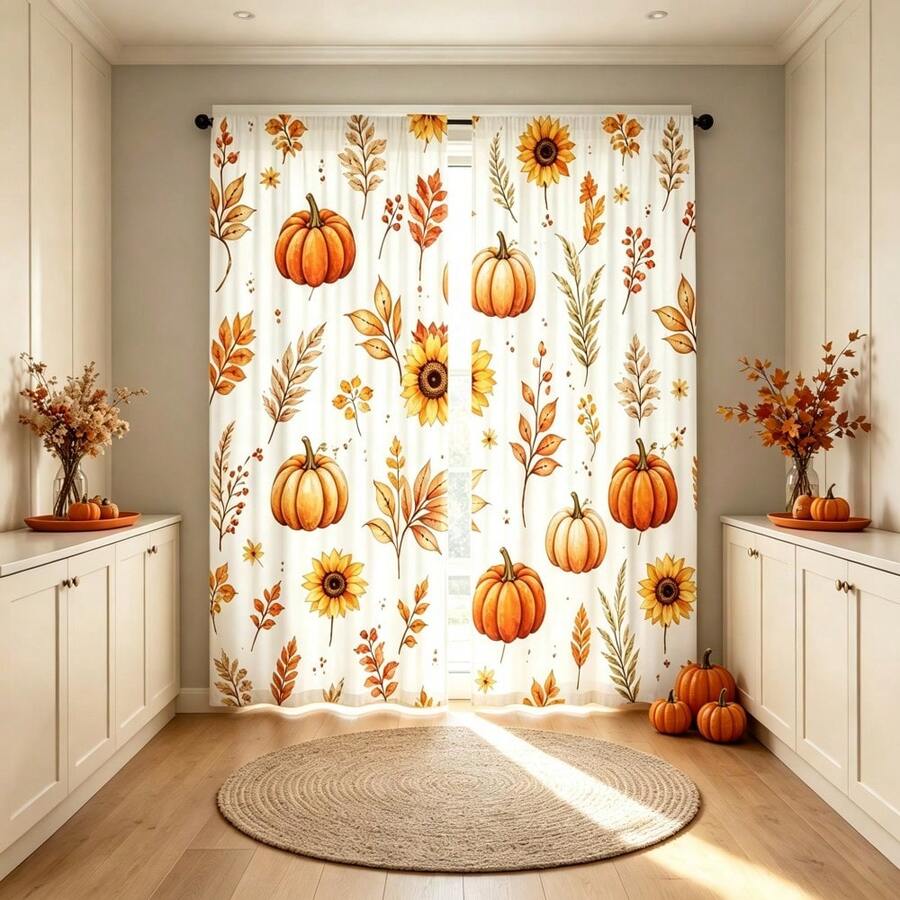 2pcs Fall Pumpkin Sunflower Curtains, 2D Flat Print With Autumn Maple Leaves & Sunflowers Pattern, Semi-Sheer Rod Pocket Window Drapes For Living Room Bedroom, Fall Harvest Home Decor - Multicolor - View 1