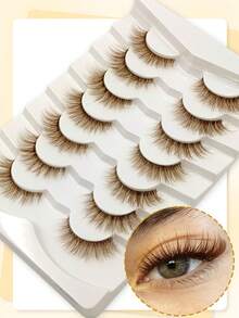 New 7 Pairs Fluffy Brown False Eyelashes, Transparent Stem Cat Eye Effect Faux Mink Full Strip Lashes, Suitable For Daily Eye Makeup, Beginner Friendly, Brown Is More Natural Than Black - Brown - View 6