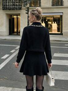 NOVELLE Women's Elegant Black Pearl Knit Two Pieces Set, Lapel Cinched Waist Cropped A-Line For Autumn & Winter, For Commute, Dates & Parties - Black - View 4