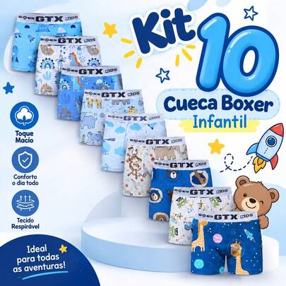 Kit 10 Cuecas Boxer INFANTIL Com Forro Em Algodão Tecido Anti Alérgico GTX