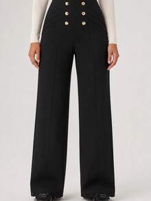 Women's Gold Button Detailed Wide-Leg Trousers Pants - Black - View 1