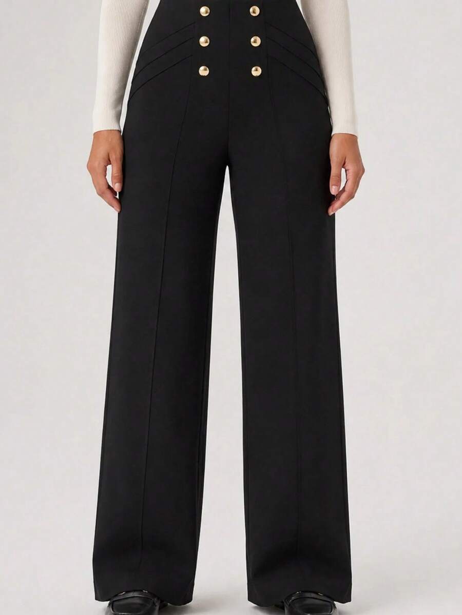 Women's Gold Button Detailed Wide-Leg Trousers Pants - Black - View 1