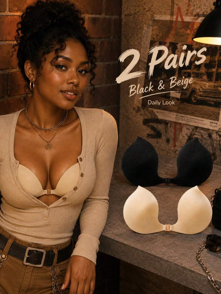 1pc/2pcs Women's Back Adhesive Deep V Bra, Black And Khaki, Front Buckle Design, Fox Tail Shaped Invisible Cups, Comfortable And Invisible, Suitable For Evening Gowns, Christmas Parties And Autumn Outfits. - Multi-color - View 1