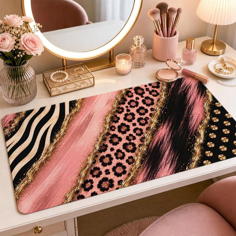 1pc Abstract Zebra And Floral Mouse Pad With Metallic Gold Effect Print, 4 Color Options, Extended Desk Mat Polyester Surface With Non-Slip Rubber Base For Office, Home, Dorm And Gaming, 3 Sizes Available - View 1