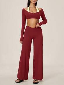 TimeOff Women's One Set Autumn/Winter Colorblock Halter V-Neck 2 In 1 Long Sleeve Cropped Top & Criss-Cross V-Waist Wide Leg Long Pants Yoga Set - Red - View 9