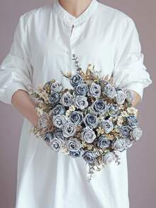 1pc Vintage Artificial Rose Bouquet, Faux Silk Fall Mixed Flower Bunch With Dried Look Greenery, Autumn Wedding Table Centerpiece & Halloween Home Vase Decor - Blue - View 5