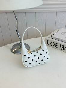 Sweet Girl Polka Dot Crescent Bag, New Zipper Closure Mini Handbag, Soft PU Material Hand-Carry Bag, Suitable For Daily Use - A - View 11