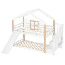Bunk Bed With Slide And Stairs, Scandinavian Style Solid Wood Bed Frame With Safety Guard Rails, Built-In Storage, Space-Saving Design, EN 747-1:2024 Certified - White + Wood + Contemporary + Mid-century Modern + - View 8
