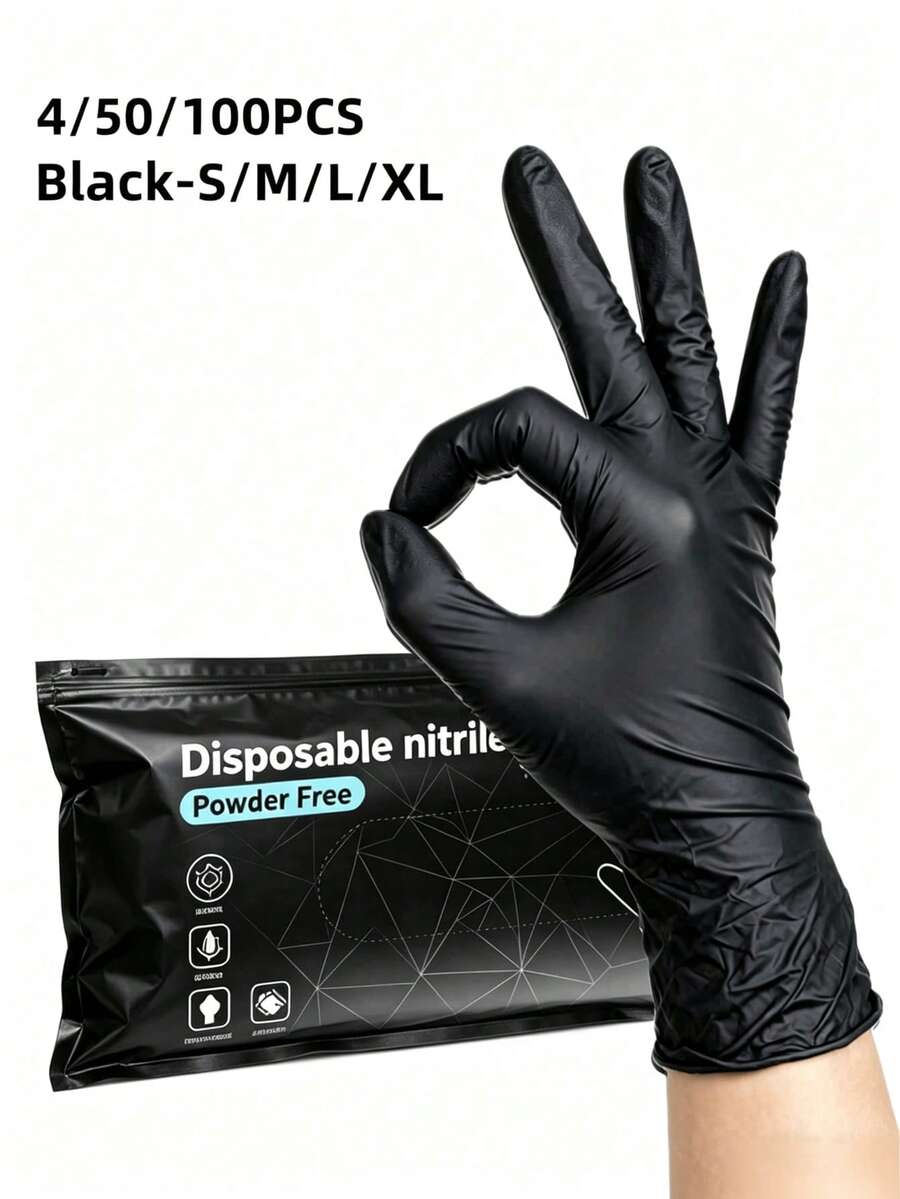 4/50/100入 無粉黑色拋棄式丁腈手套 - 專為美甲工具設計，無乳膠無粉，超耐用，適用於清潔與手部保護 (袋裝)