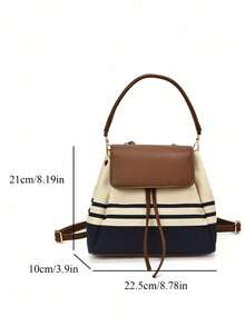 Backpack With Drawstring & Metal Buckle Decor, Multi-Compartment Large Capacity, Can Store Phone, Cosmetics, Personal Items, Drawstring Flap Closure, Casual College Style Handheld Backpack, Women's Crossbody Bag, Suitable For Daily School, Shopping, Travel, Versatile Striped Small Backpack, Vintage Casual Small Backpack, Commuter Handheld Crossbody Women's Bag - Brown - View 7