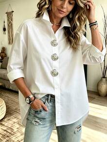 Women's Solid Color Button-Down Shirt, Elegant Fashion Casual Long Sleeve Lapel Collar Regular Top, White, Suitable For Spring And Autumn Daily Wear - White - View 10