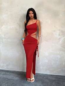 WOWDARK Summer Dress, Red Sexy Asymmetric Neckline Ruched Drawstring Waist Hollow Out Slit One Shoulder Elegant Dress For Women Fall Wedding Party - Red - View 2