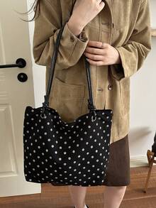 Corduroy White Polka Dot Shoulder Tote Bag - Black - View 5