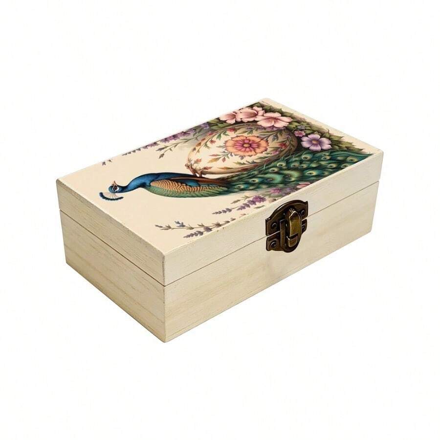 1pc Hand-Painted Peacock & Floral Pattern Wooden Storage Box, Gift Box, Small Keepsake Jewelry Organizer, For Bedroom Decor, Vanity Organization, Keepsake Storage, Bohemian Home Decor - Multicolor - View 1