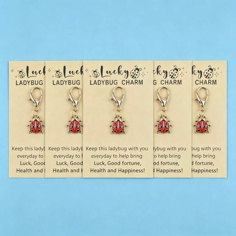 5pcs Lucky Ladybug Enamel Charm Keychain, Good Luck Wish Greeting Card, Lobster Clasp Bag Pendant Gift - Multicolor - View 1