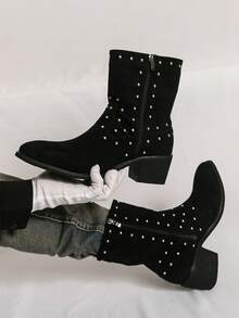 Men's Western Cowboy Boots, Round Toe, Black Suede-Like Fabric Upper, Rhinestone Decor, Side Zipper, Chunky Heel, Boots For Party, Daily Casual Wear - Black - View 3