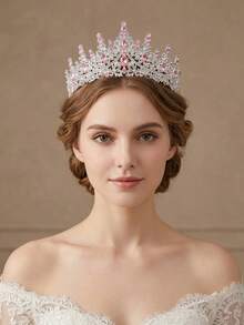 1pc Fashionable Alloy Crown, Rhinestone Tiara For Wedding, Bridal Accessories, Birthday Theme Jewelry - Pink - View 1