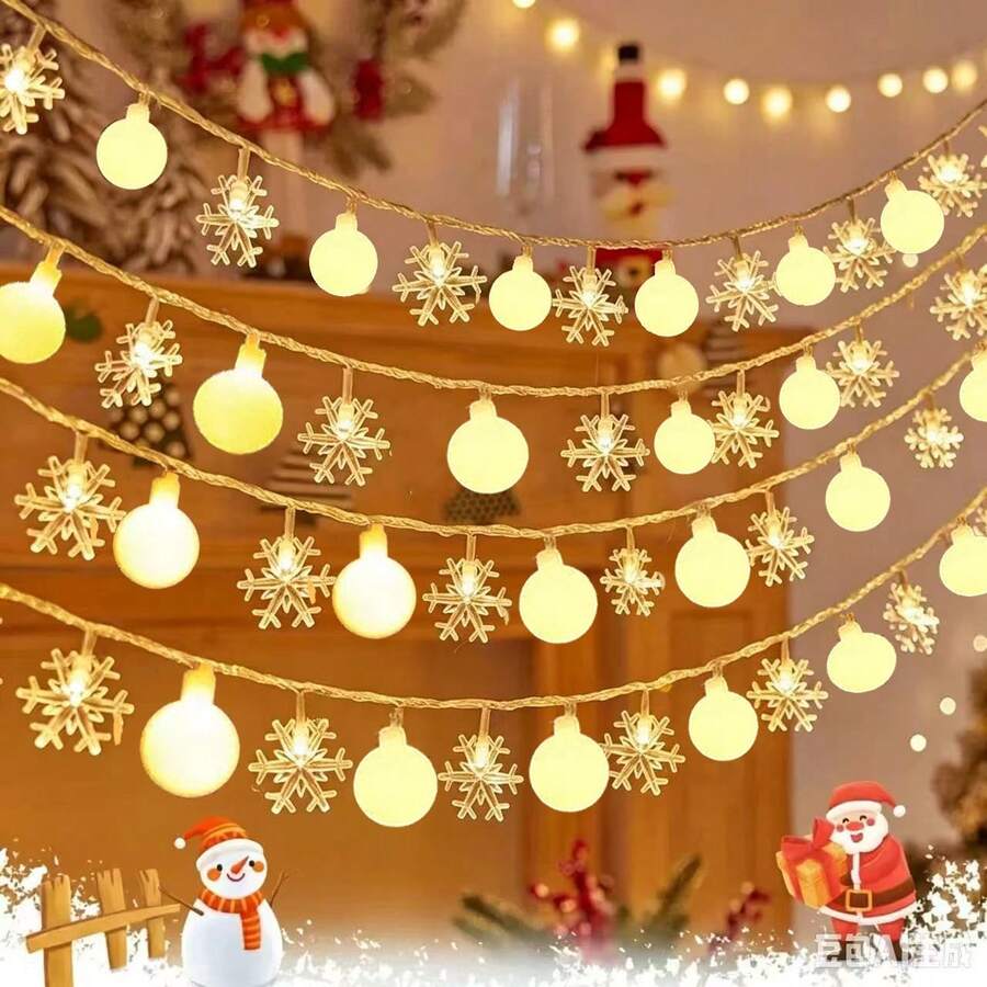 1.5m/4.92ft 10 LED, 3 Meters/9.84ft 20 LED Snowflake And White Ball Combination LED String Lights, Battery Powered (Batteries Not Included), Suitable For Christmas, Thanksgiving, New Year And Wedding Holiday Party Decoration - Combination String Lights - View 1