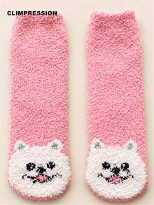 CLIMPRESSION Women's Plush Mid-Calf Socks, Cute Bear Toe Pattern Coral Fleece Socks, Soft Warm Fluffy Winter Home Sleep Floor Socks - Green - View 10