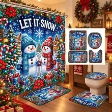 1pc/4pcs Holding Hands Snowman Pattern Multifunctional Bathroom Decor Shower Curtain Set, Free 12 Hooks, Premium Holiday Atmosphere, Bathroom Mat, U-Shaped Floor Mat And Round Toilet Lid Cover, Suitable For All Occasions, Bathroom Set - Holding Hands Snowman - View 1