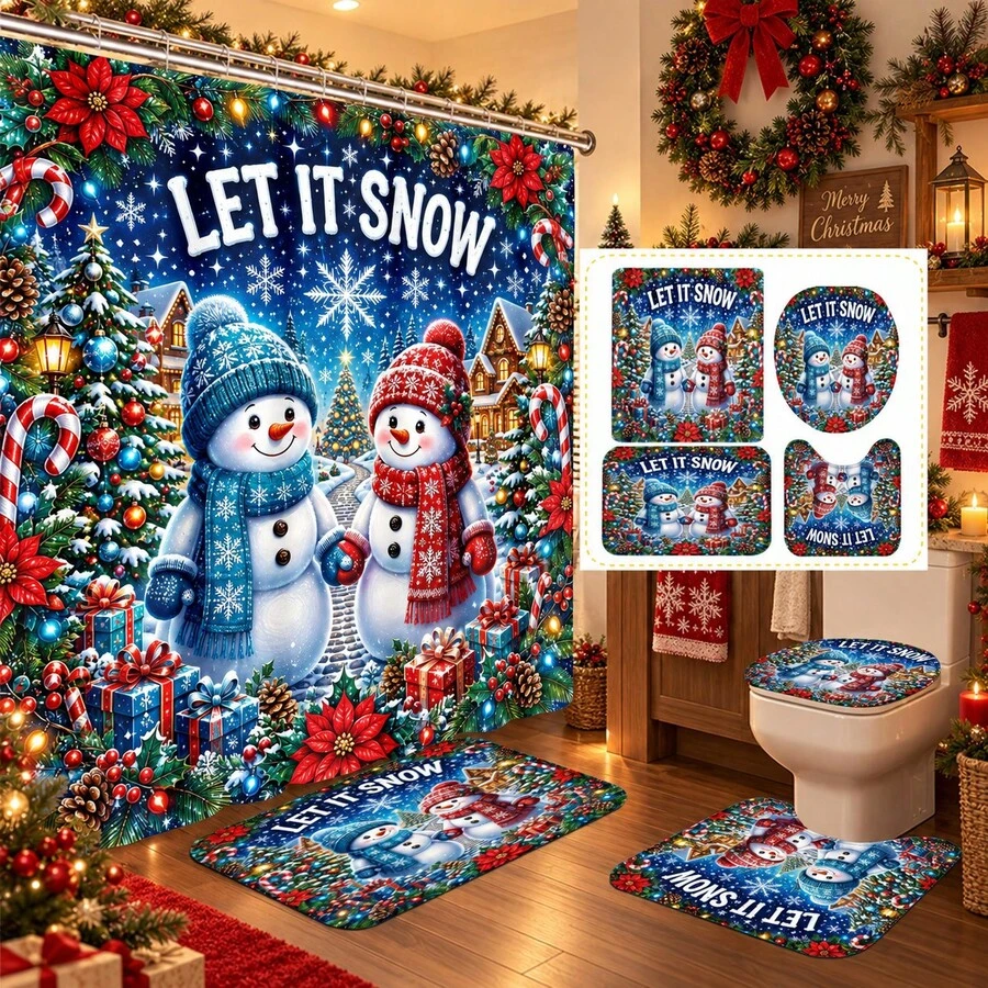 1pc/4pcs Holding Hands Snowman Pattern Multifunctional Bathroom Decor Shower Curtain Set, Free 12 Hooks, Premium Holiday Atmosphere, Bathroom Mat, U-Shaped Floor Mat And Round Toilet Lid Cover, Suitable For All Occasions, Bathroom Set - Holding Hands Snowman - View 1