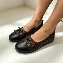 Women's Bowknot Vintage Colorblock Quilted Diamond Pattern Flat Shoes, Maillard Style - Brown - View 4