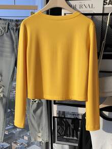 Academy Style 1997 Keeptrying Handwritten Letter & Number Print Mustard Yellow Cropped Long Sleeve T-Shirt Slim Fit Short Top - Yellow - View 2