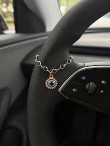 1pc Blue Evil Eye Rhinestone Steering Wheel Pendant, Gold Crystal Chain Car Hanging Decor, Shiny Interior Rearview Mirror Accessory, Suitable For Women, Cars, SUVs, Daily Commute, Road Trips, Birthday And Holiday Gifts - Sapphire - View 8