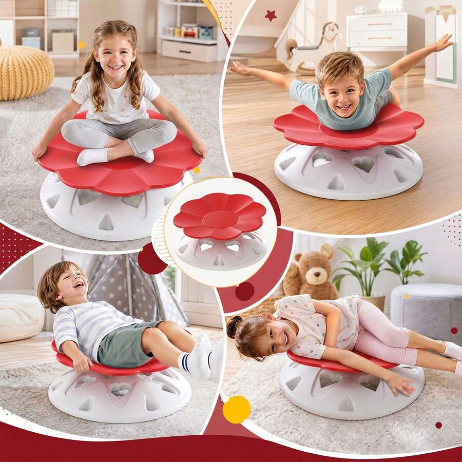 Petalenförmiger robuster Kunststoff-Balance-Sitz für Sinnesintegration und vestibuläres Training, rotierender Drehstuhl und Sinnesstuhl, Trainingsgerät für Zuhause, Therapie, Schule und Kita, fördert Gleichgewicht, Konzentration, Koordination und Motorik, in Rot, für Kinder und Erwachsene, platzsparend und ohne Batterien