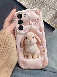 1件奶油色波浪邊粉色充氣手機殼，毛絨兔耳朵「Rabbit」珍珠花心圖案，防震軟 TPU 保護殼，適用於 系列手機 - 白色 - 查看 3