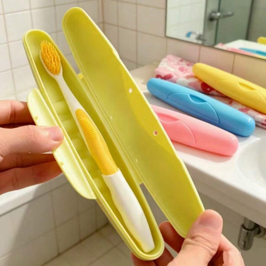 1pc Portable Travel Toothbrush Storage Box, Solid Color Sealed Lid, Waterproof, Dustproof, Leak-Proof Toothbrush Case, Travel Storage Tool - Multiple Styles - View 1