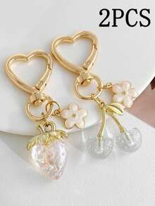 2PCS Multi-Color Strawberry & Cherry Keychains, Fashionable & Durable Bag Charms, Car Key Rings, Creative Small Gifts Suitable For Friends - Multicolor - View 3
