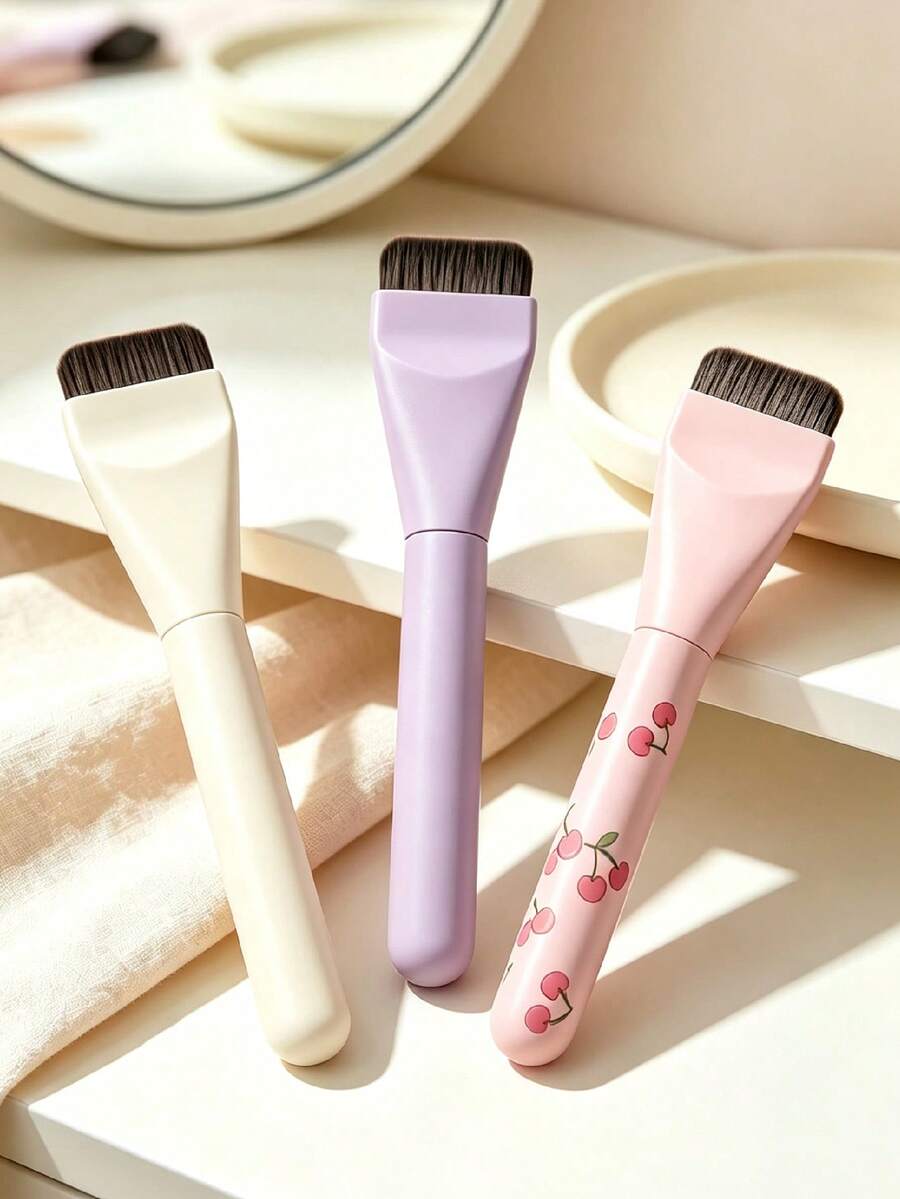 1pc Minimalist Flat Head Liquid Foundation Brush, Cherry Print Handle, Soft Dense Bristles, No Powder Waste, Facial Concealer & Foundation Brush, Portable For Daily Use And Travel, Suitable For Beginners