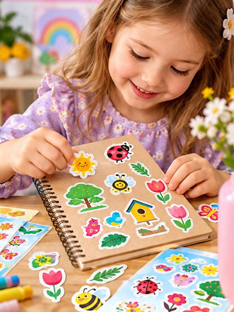 16Sheets Spring Nature Sticker Sheets, Parent-Child Interactive Educational Puzzle DIY Craft Decals With Flower Bee Butterfly Tree Birdhouse, Garden Theme Party Decoration, Festive Celebration Games Favors Supplies Kits Sets Box Packages - Multicolor - View 1