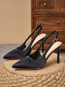 2026 Textured Embossed Thin Heel High Heels For Women, Pointed Toe Minimalist Back Strap Adjustable Closed Toe Fashion Sandals, Toe Protection, Breathable Backless Design, Suitable For Commute, Date, Party, Matches With Trench Coat, Wide Leg Jeans, Elegant Mature Style - Black - View 3