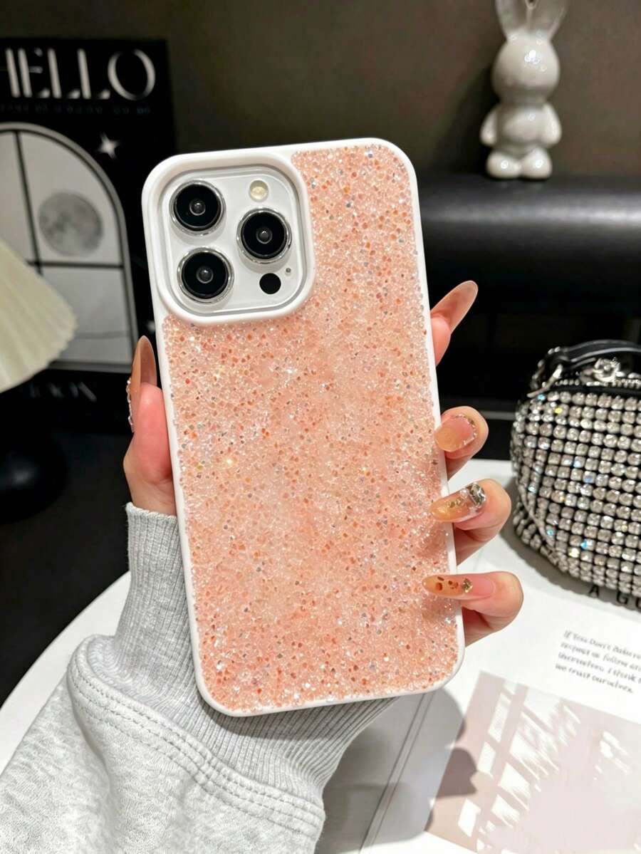 1pc Solid Color Skin-Friendly Full Rhinestone Embedded Luxury Sparkling Diamond 2-In-1 Large Lens Hole Phone Protective Case, Compatible With Apple 17 Pro Max, 16, 15 Pro, 14, 13, 12, 11 Series - Pink - View 1