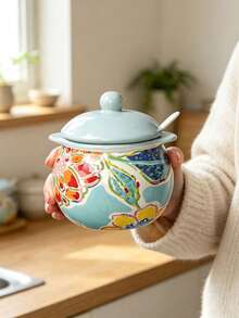 High Aesthetic Hand-Painted Floral Ceramic Seasoning Jar With Lid And Spoon, Dual Handle Salt & Sugar Canister, Kitchen Heat-Resistant Lard & Chili Oil Pot, Ceramic Sealed Storage Container, Fresh Printed Condiment & Sauce Organizer, Vintage Painted Dual Handle Ceramic Spice Holder, Kitchen Salt & Sugar Storage Box With Fresh Floral Print - Multicolor - View 12