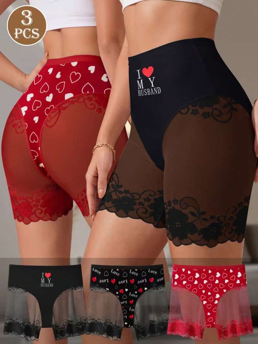 XGDFAY Women's High Waist Lace Boyshort Panties 3-Piece Set - Heart Print Elastic Underwear, Anti-Chafing, Soft & Comfortable Full Coverage - Multicolor - View 1