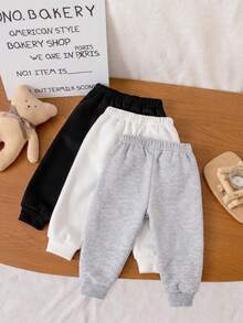 3pcs Baby Boys Casual Outdoor Minimalist Sporty Style Solid Color Soft & Comfortable Black/White/Grey Sweatpants, Suitable For Spring/Summer/Autumn, Workout, Social Gathering, Weekend Play - Multicolor - View 2