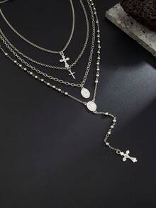 4pcs/Set Multi-Layer Gold Cross & Virgin Mary Round Pendant Men's Necklace, Vintage Y-Shaped Tassel Bead Chain Layered Necklaces, Versatile Accessory For Sweaters & Coats In Autumn/Winter, Gift - 4pcs - View 9