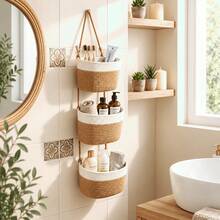 3-Tier Boho Neutral Tone Hanging Basket - Woven Rope Wall Organizer With Space-Saving Vertical Storage Shelf, Boho Style Suitable For Bathroom, Nursery, Kitchen, Bedroom - Multi-Room Hanging Bins For Towels, Utensils - White - View 1
