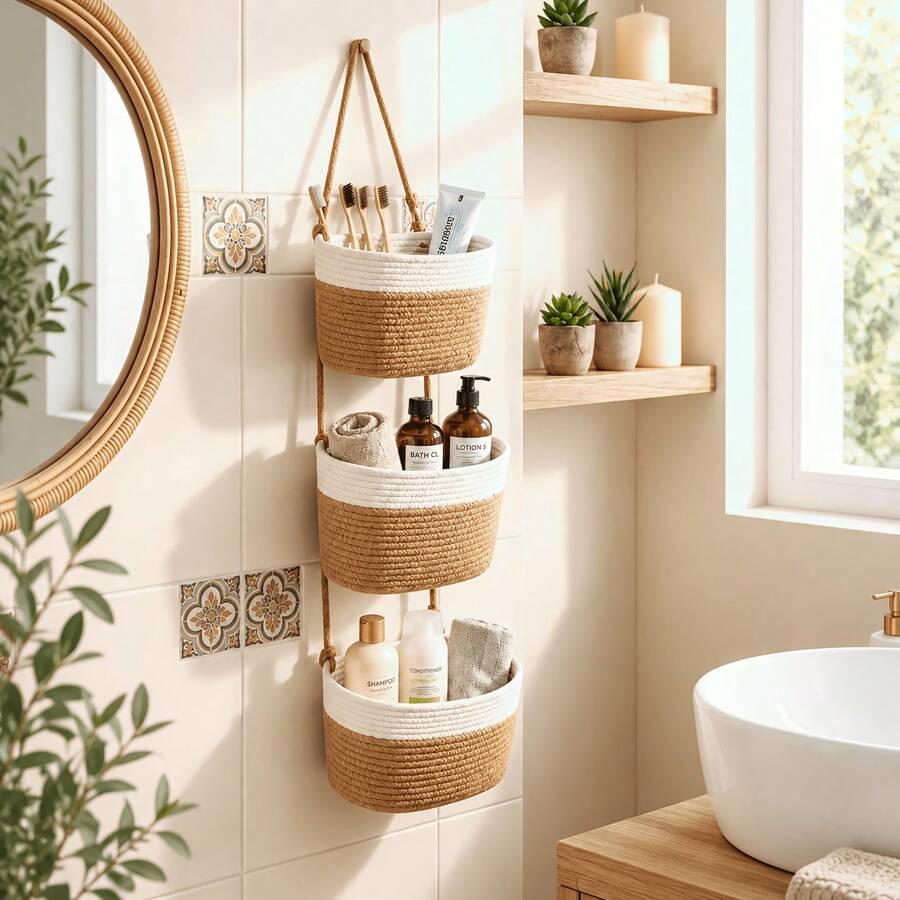 3-Tier Boho Neutral Tone Hanging Basket - Woven Rope Wall Organizer With Space-Saving Vertical Storage Shelf, Boho Style Suitable For Bathroom, Nursery, Kitchen, Bedroom - Multi-Room Hanging Bins For Towels, Utensils - White - View 1