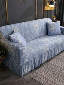 1pc Printed Ruffled Edge Full Coverage Elastic Sofa Cover, Stretchable One-Piece All-Around Sofa Protector, Living Room Home Decor, Machine Washable - Blue - View 5